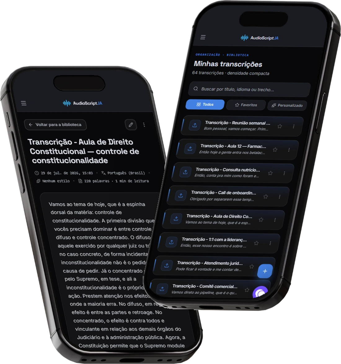 AudioScript.IA em dois celulares: a lista de transcrições e uma transcrição de aula aberta